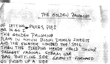 THE GOLDEN PALOMINO / Of letting pieces, pies / Or in go I / The golden palomino / Plans in
which bloom drooly sheets / And the swatch <A NAME=